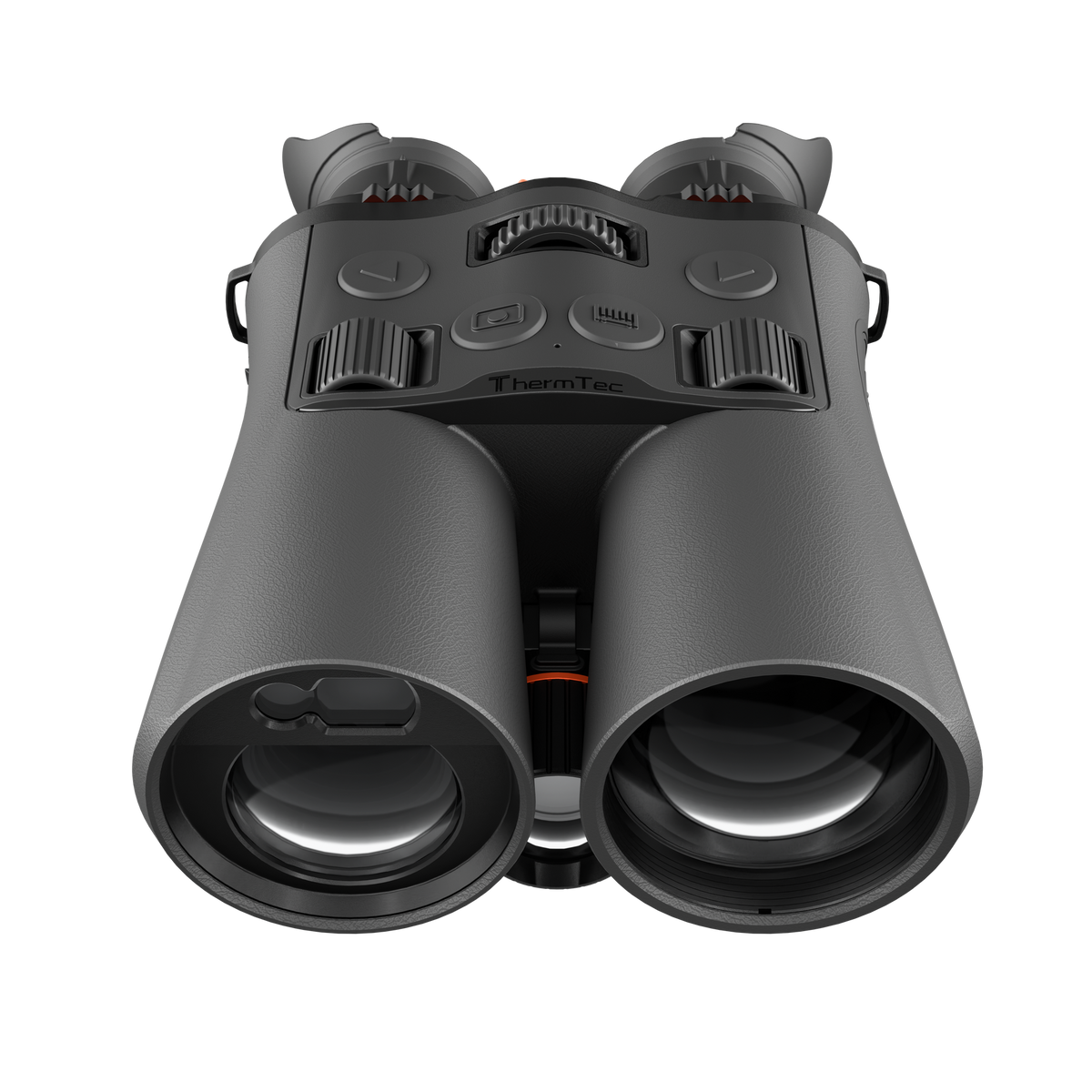 ThermTec Ventus 635L multi-spectrum binoculars, front view of lenses, rangefinder window and controls