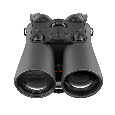 ThermTec Ventus 635L multi-spectrum binoculars, front view of lenses, rangefinder window and controls