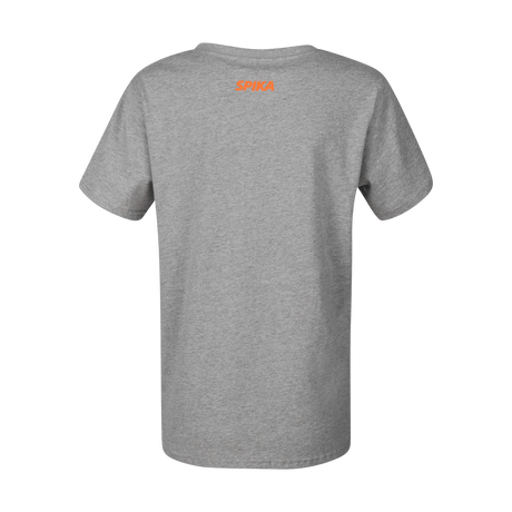 Spika GO Mountain women's T-shirt in grey, back view with small orange SPIKA logo at the neck