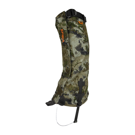 Spika Ranger adult hunting gaiter in Biarri Camo shown on its own with buckle strap and stirrup