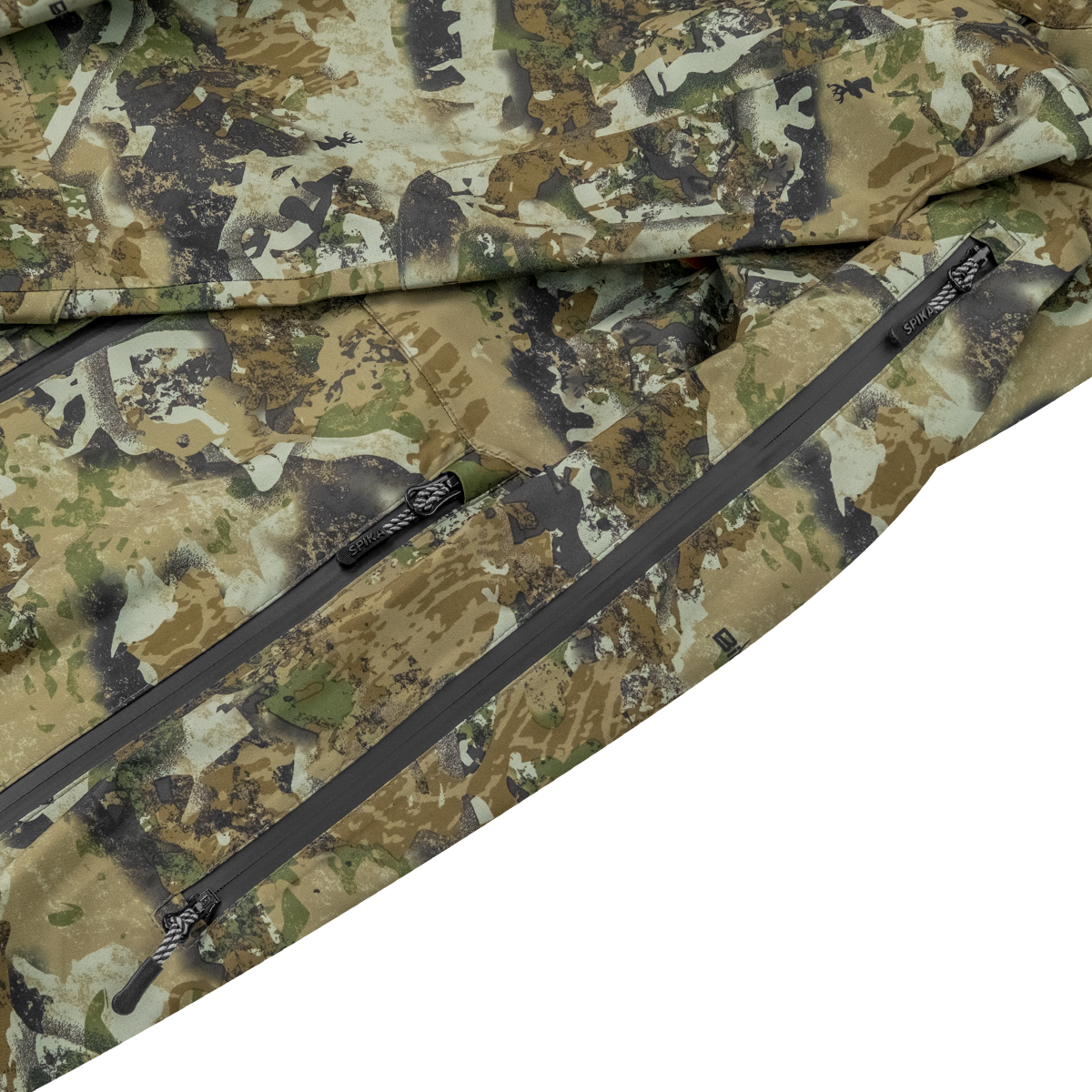 Spika Edge men's Biarri Camo jacket close-up of the zipped hem pockets and drawcord toggles