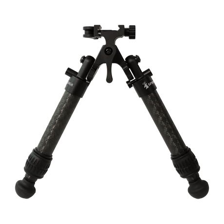 Spika Velocity Carbon Bipod 7-10in, front view with carbon fibre legs and picatinny clamp