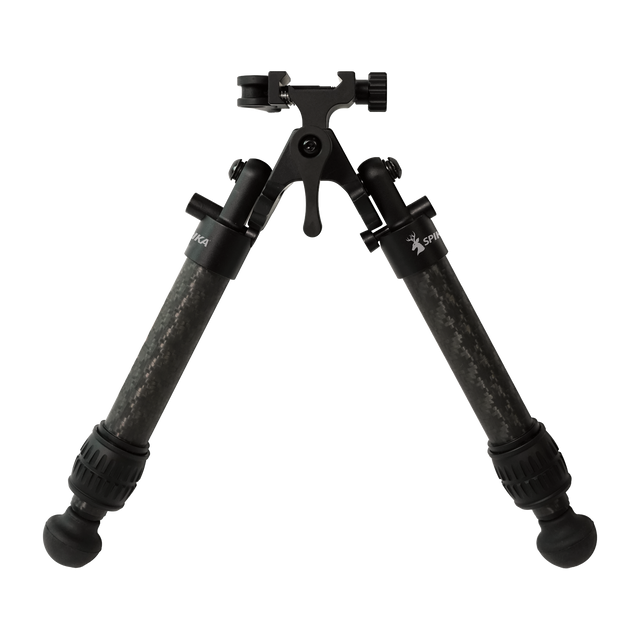 Spika Velocity Carbon Bipod 7-10in, front view with carbon fibre legs and picatinny clamp