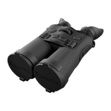 ThermTec Ventus 335L multi-spectrum binoculars, rear three-quarter view with lens caps fitted and top controls