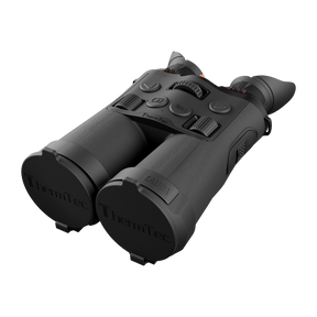 ThermTec Ventus 335L multi-spectrum binoculars, rear three-quarter view with lens caps fitted and top controls