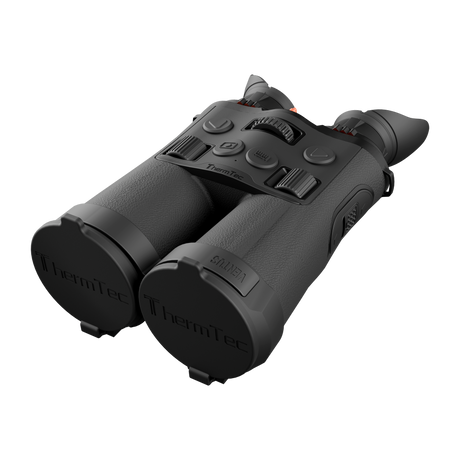 ThermTec Ventus 335L multi-spectrum binoculars, rear three-quarter view with lens caps fitted and top controls