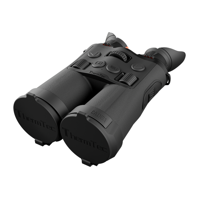ThermTec Ventus 335L multi-spectrum binoculars, rear three-quarter view with lens caps fitted and top controls