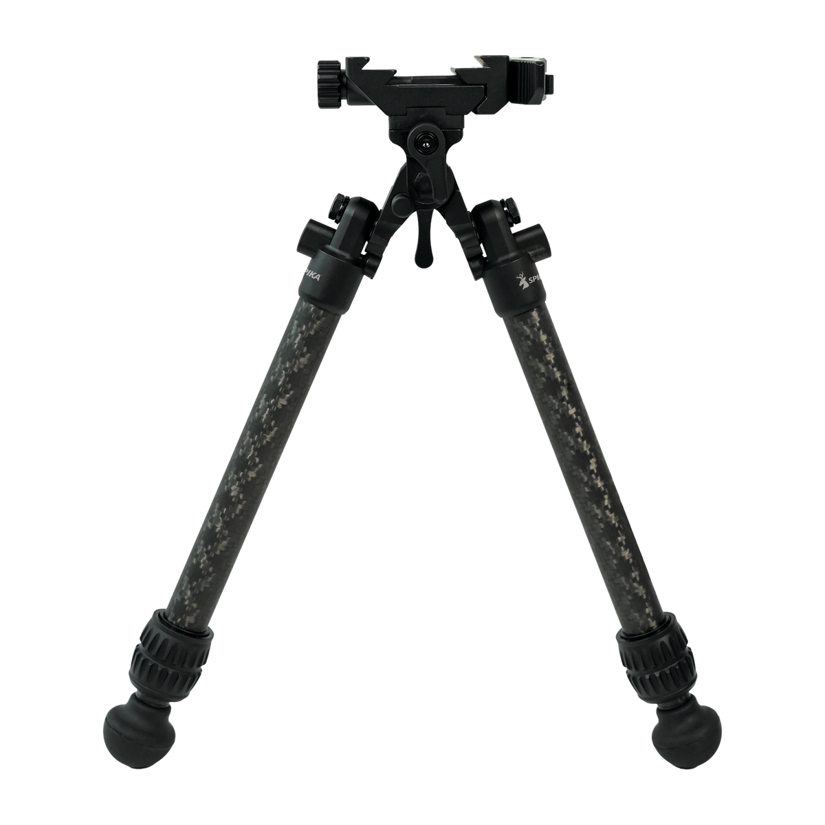 Spika Velocity Carbon Bipod 3-12in, front view with carbon fibre legs and picatinny/ARCA mount