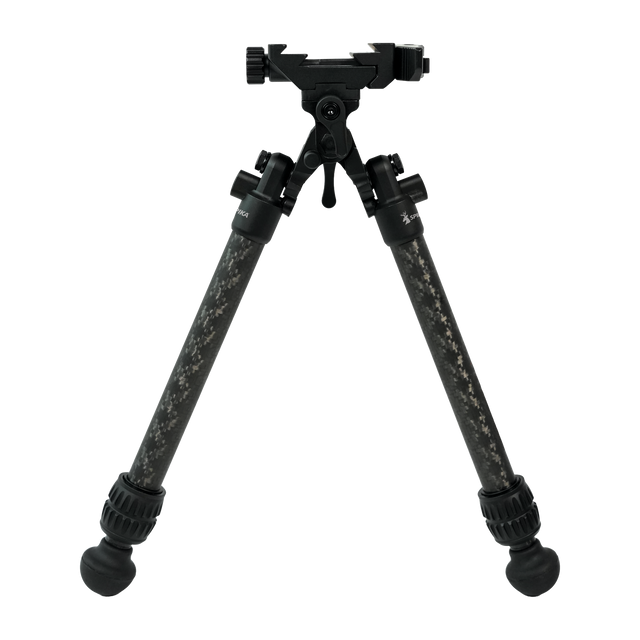 Spika Velocity Carbon Bipod 3-12in, front view with carbon fibre legs and picatinny/ARCA mount