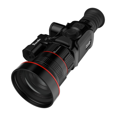 ThermTec Vidar-LRF 660L 2.0 thermal compact scope, elevated front three-quarter view of lens and laser rangefinder