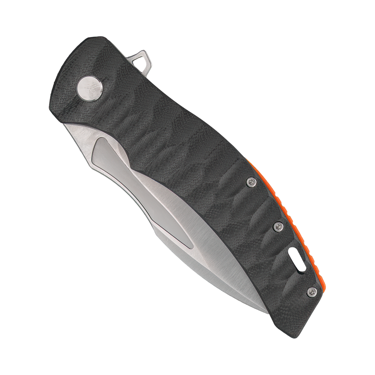 Spika Bushmaster Viper folding knife closed, black textured handle with orange liner accents
