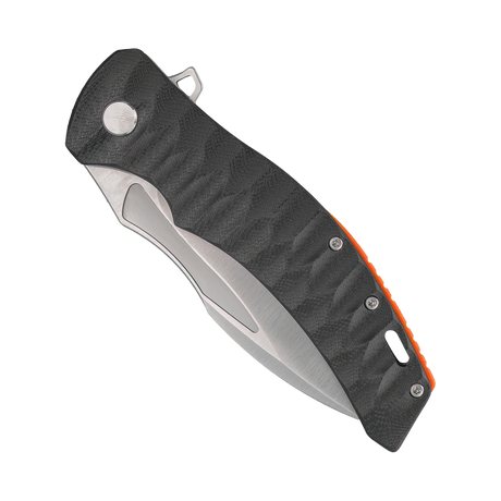 Spika Bushmaster Viper folding knife closed, black textured handle with orange liner accents