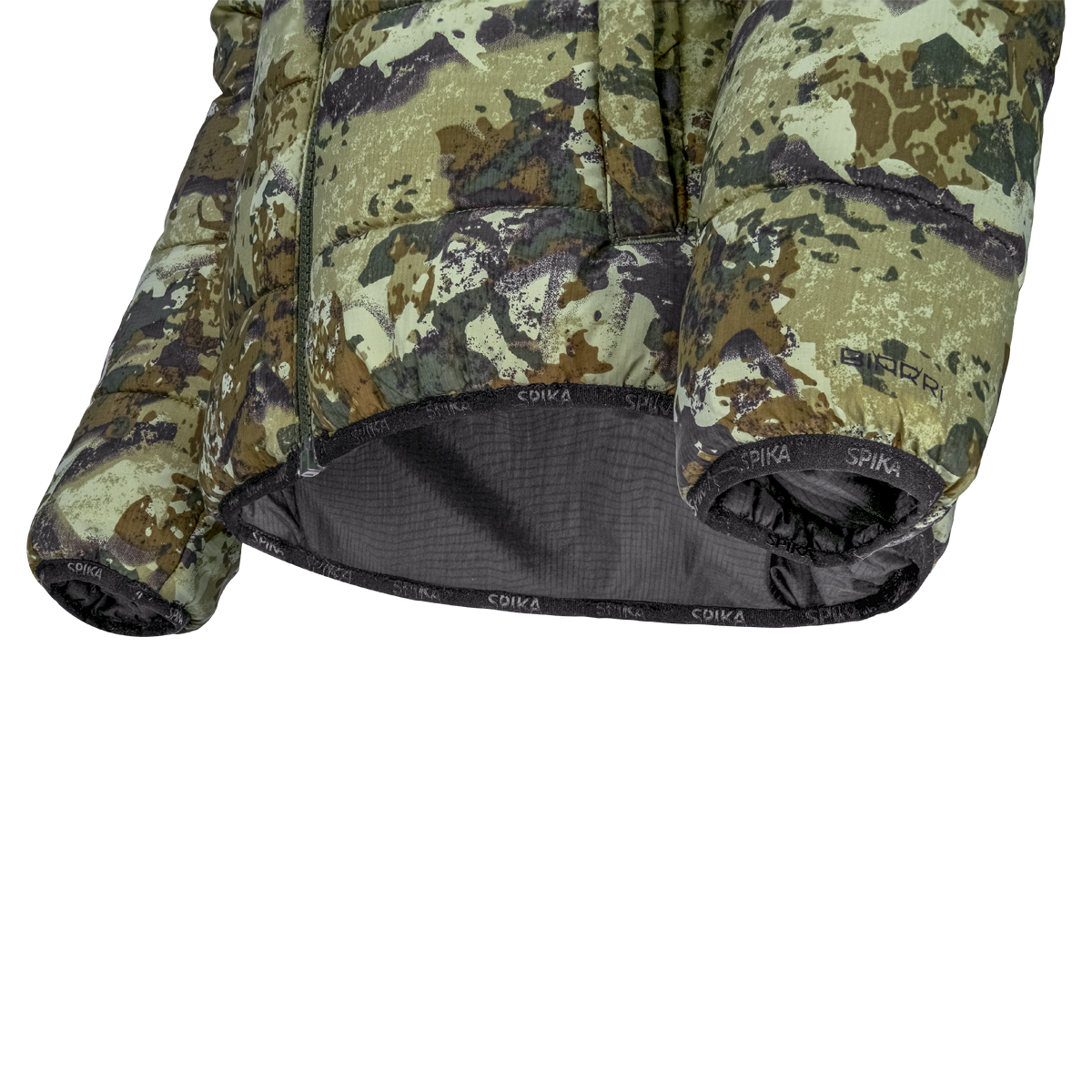 Spika Terra kids' puffer jacket in Biarri Camo/Blaze, close-up of the elastic hem and cuffs