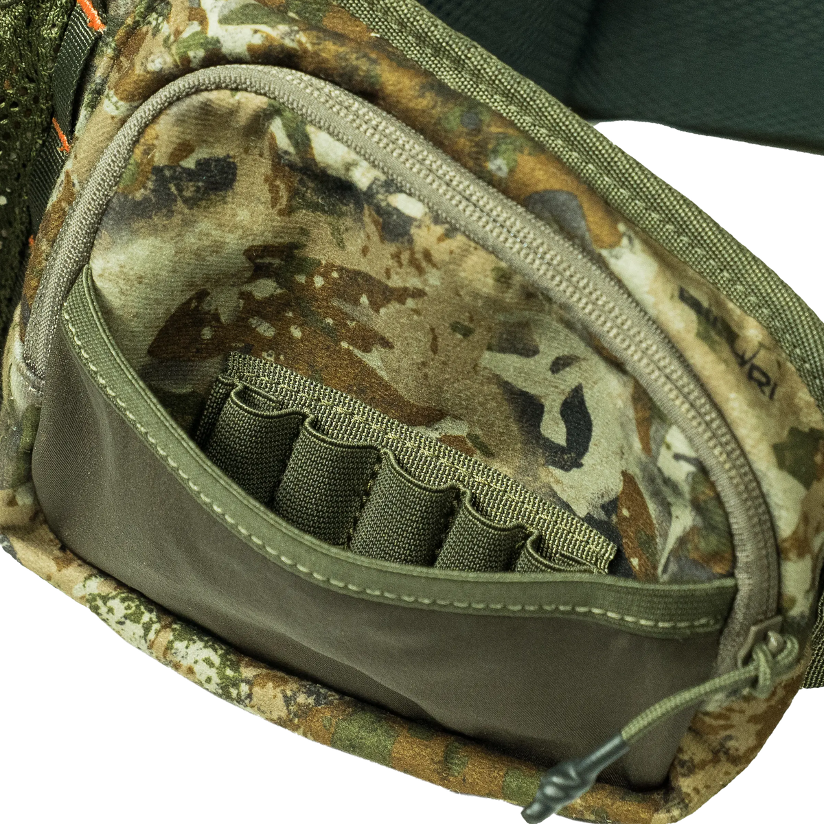 Spika Drover II Waist Pack in Biarri Camo, open front pocket showing elastic cartridge loops inside