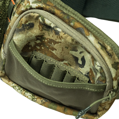 Spika Drover II Waist Pack in Biarri Camo, open front pocket showing elastic cartridge loops inside