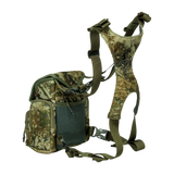 Spika Drover II bino pack in Biarri Camo, three-quarter view with harness and mesh pocket