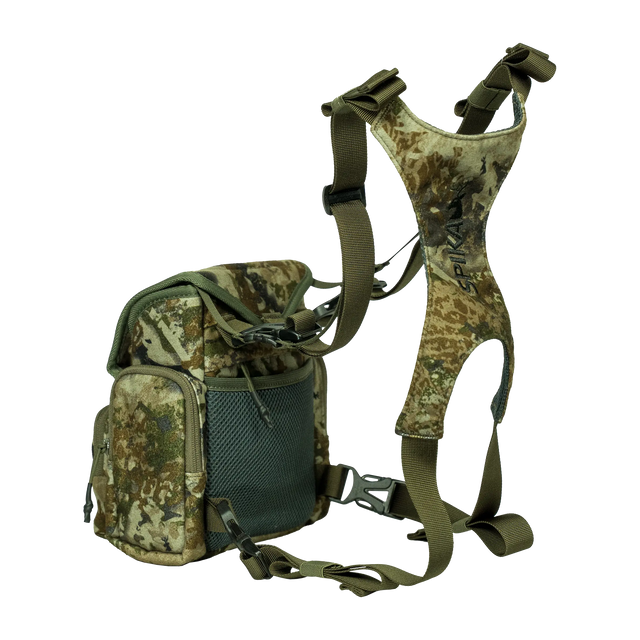 Spika Drover II bino pack in Biarri Camo, three-quarter view with harness and mesh pocket