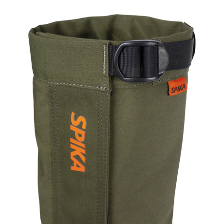Spika Strike adult gaiter, close-up of the top buckle strap and orange Spika logo tag