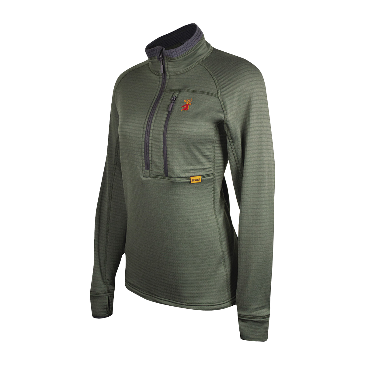 Spika Gridfleece women's half-zip top in Olive, three-quarter view showing the zip chest pocket