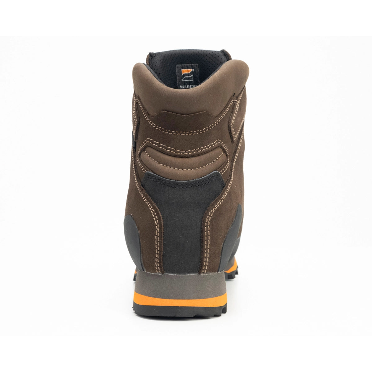 Zamberlan 968 Target GTX RR men's hunting boot in dark brown and orange, rear view of heel and padded collar