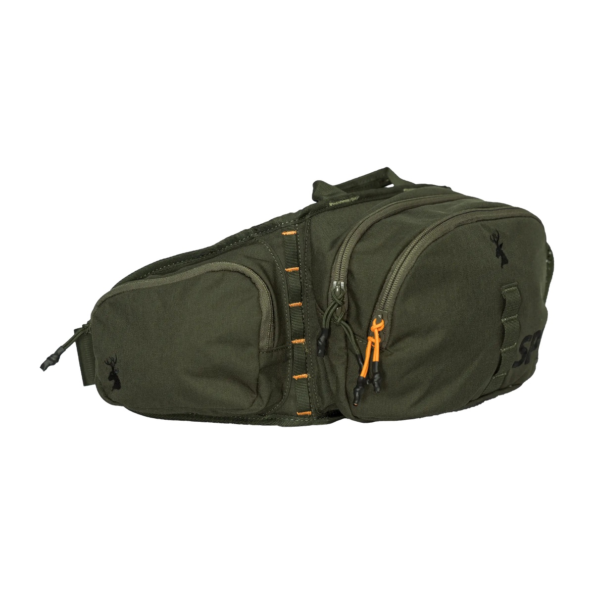 Spika Drover II Waist Pack in Olive Summit, front view of the twin zip pockets with orange zip pulls