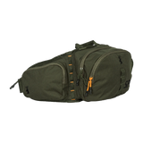 Spika Drover II Waist Pack in Olive Summit, front view of the twin zip pockets with orange zip pulls