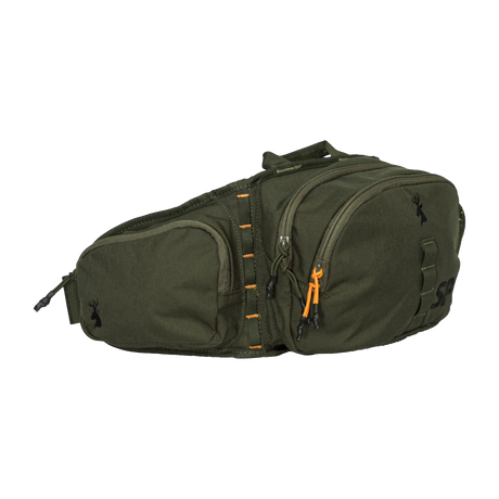 Spika Drover II Waist Pack in Olive Summit, front view of the twin zip pockets with orange zip pulls