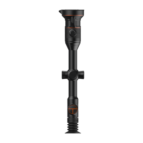 ThermTec Ares 360 2.0 thermal tube scope in black, top-down view of turrets and focus controls