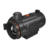 ThermTec Hunt Pro 635 thermal clip-on, front three-quarter view of objective lens and control dial