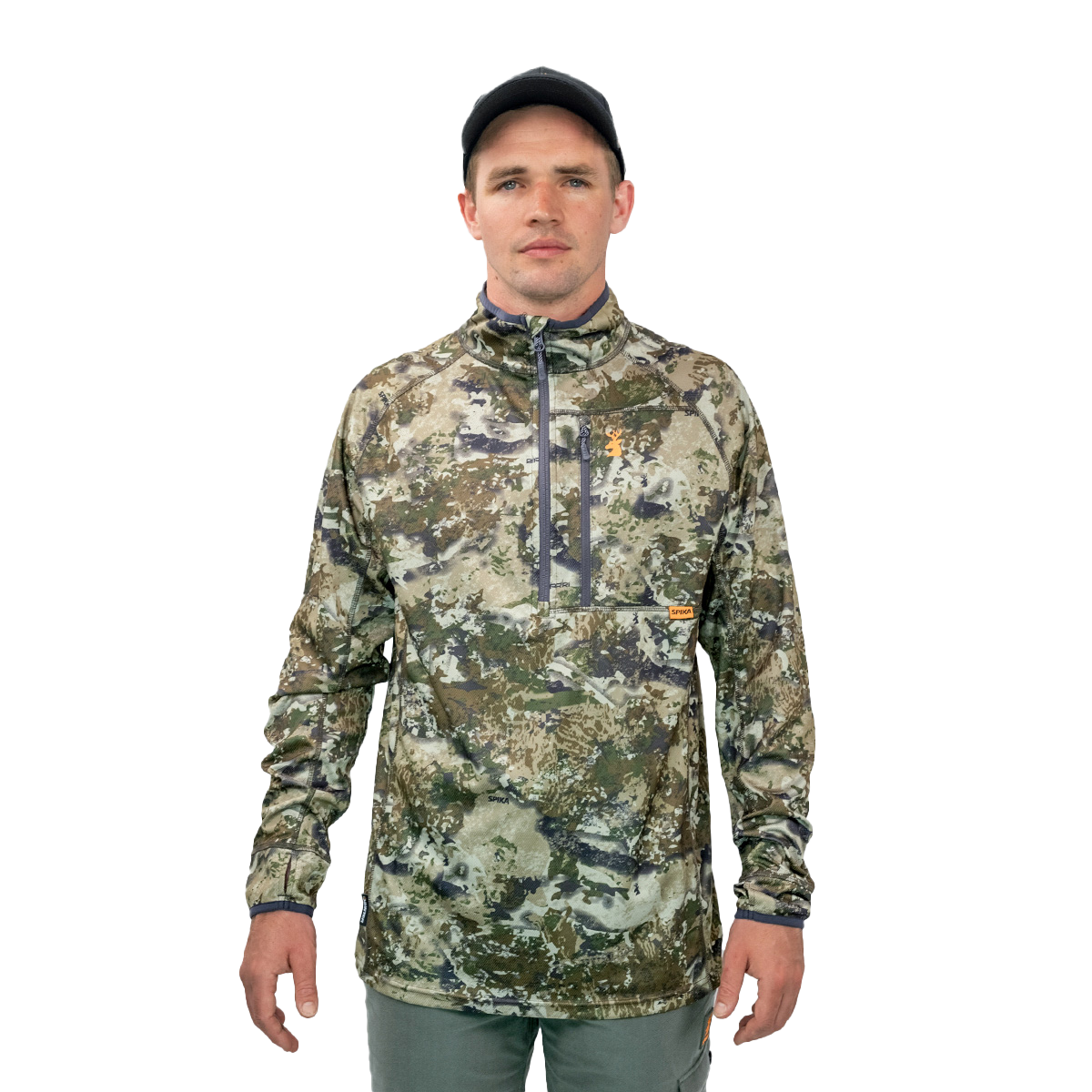 Man wearing the Spika Guide men's lightweight half-zip top in Biarri Camo, front view