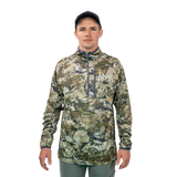 Man wearing the Spika Guide men's lightweight half-zip top in Biarri Camo, front view