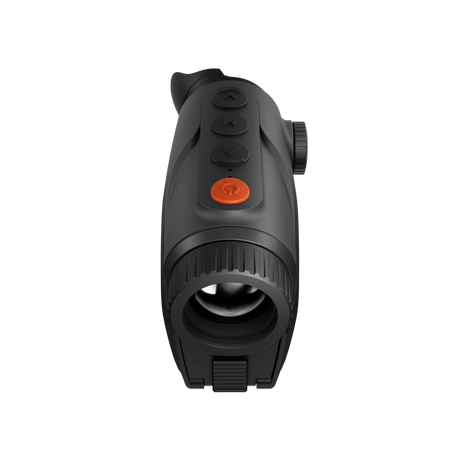 ThermTec Cyclone 625 thermal monocular, top view of buttons and orange power key above the lens