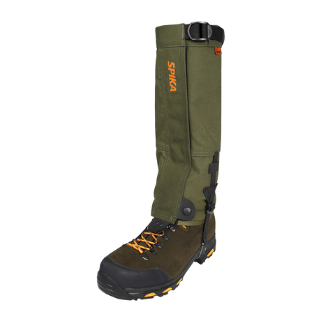 Spika Strike adult gaiter fitted over a hiking boot, three-quarter front view
