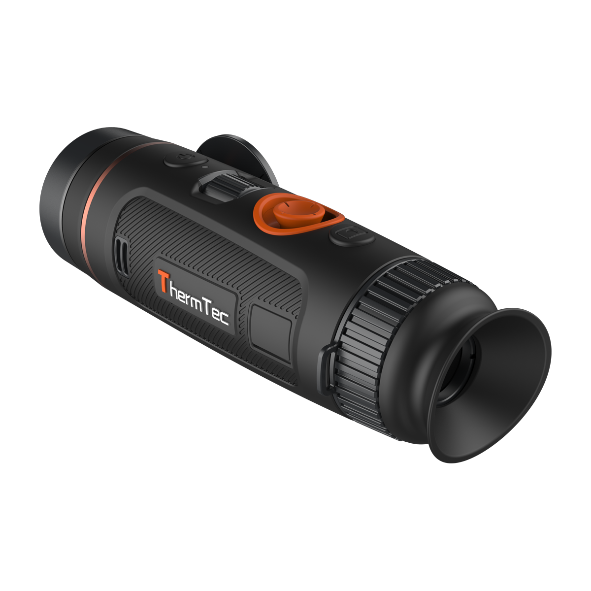 ThermTec Wild 635 thermal monocular, rear three-quarter view of eyecup and ThermTec logo side