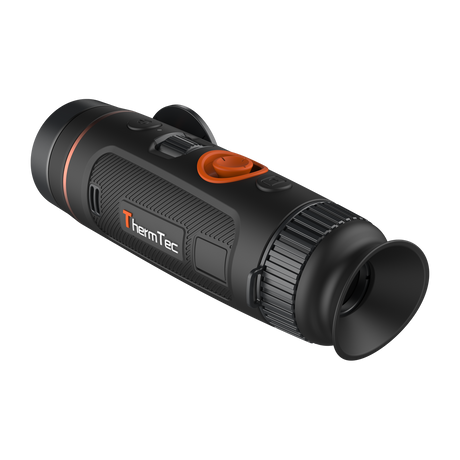 ThermTec Wild 635 thermal monocular, rear three-quarter view of eyecup and ThermTec logo side