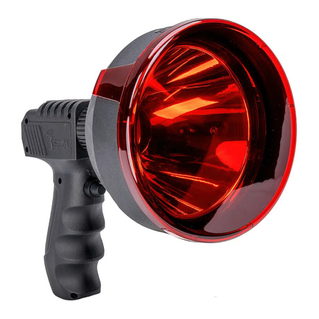 Spika red lens filter fitted to a handheld spotlight, turning the reflector red for night hunting
