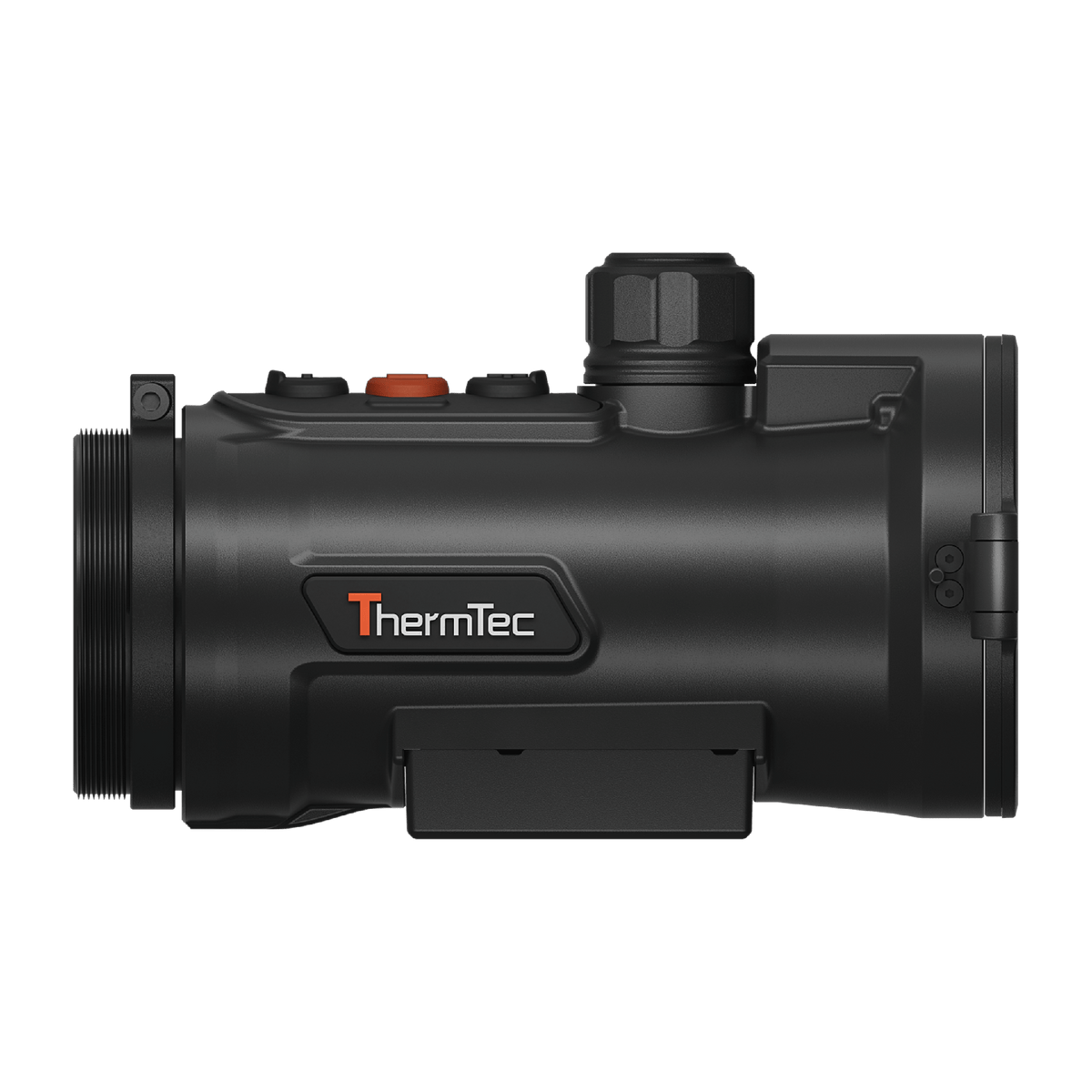 ThermTec Hunt Pro 650L thermal clip-on, ThermTec logo side with lens cap closed over objective