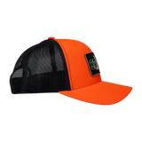 Spika Cast Antler patch trucker cap in Blaze/Charcoal, side view of blaze front and mesh