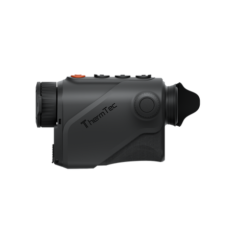 ThermTec Cyclone 625 thermal monocular in dark grey, side profile with ThermTec logo and focus dial
