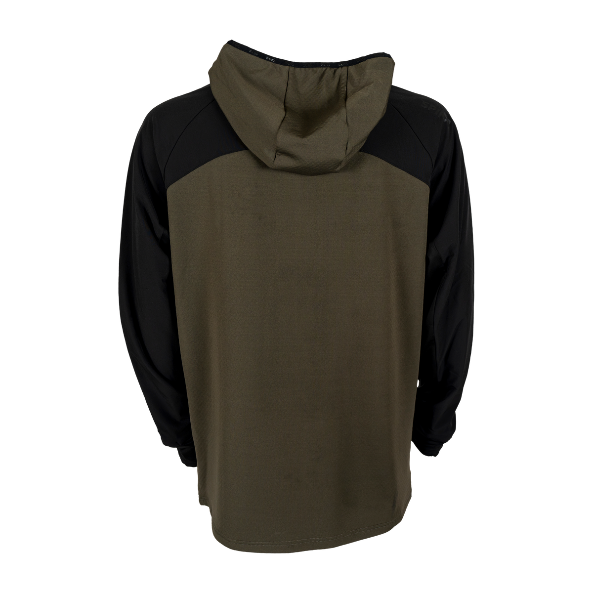 Spika men's microfleece zip-through hoodie in Olive Summit, back view with black raglan sleeves