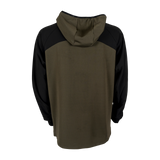 Spika men's microfleece zip-through hoodie in Olive Summit, back view with black raglan sleeves