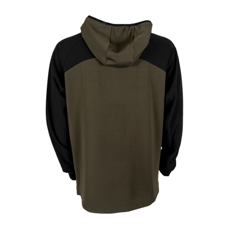 Spika men's microfleece zip-through hoodie in Olive Summit, back view with black raglan sleeves