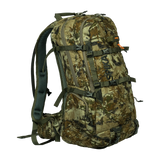 Spika Drover II Pro Pack 35L in Biarri Camo, three-quarter front view with compression straps and zip pockets