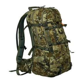 Spika Drover II Pro Pack 35L in Biarri Camo, three-quarter front view with compression straps and zip pockets