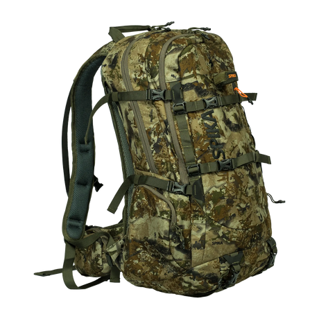 Spika Drover II Pro Pack 35L in Biarri Camo, three-quarter front view with compression straps and zip pockets
