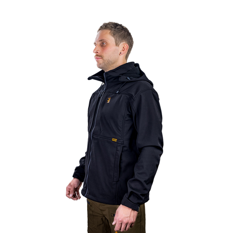 Man wearing the Spika GO men's softshell jacket in Black, three-quarter side view