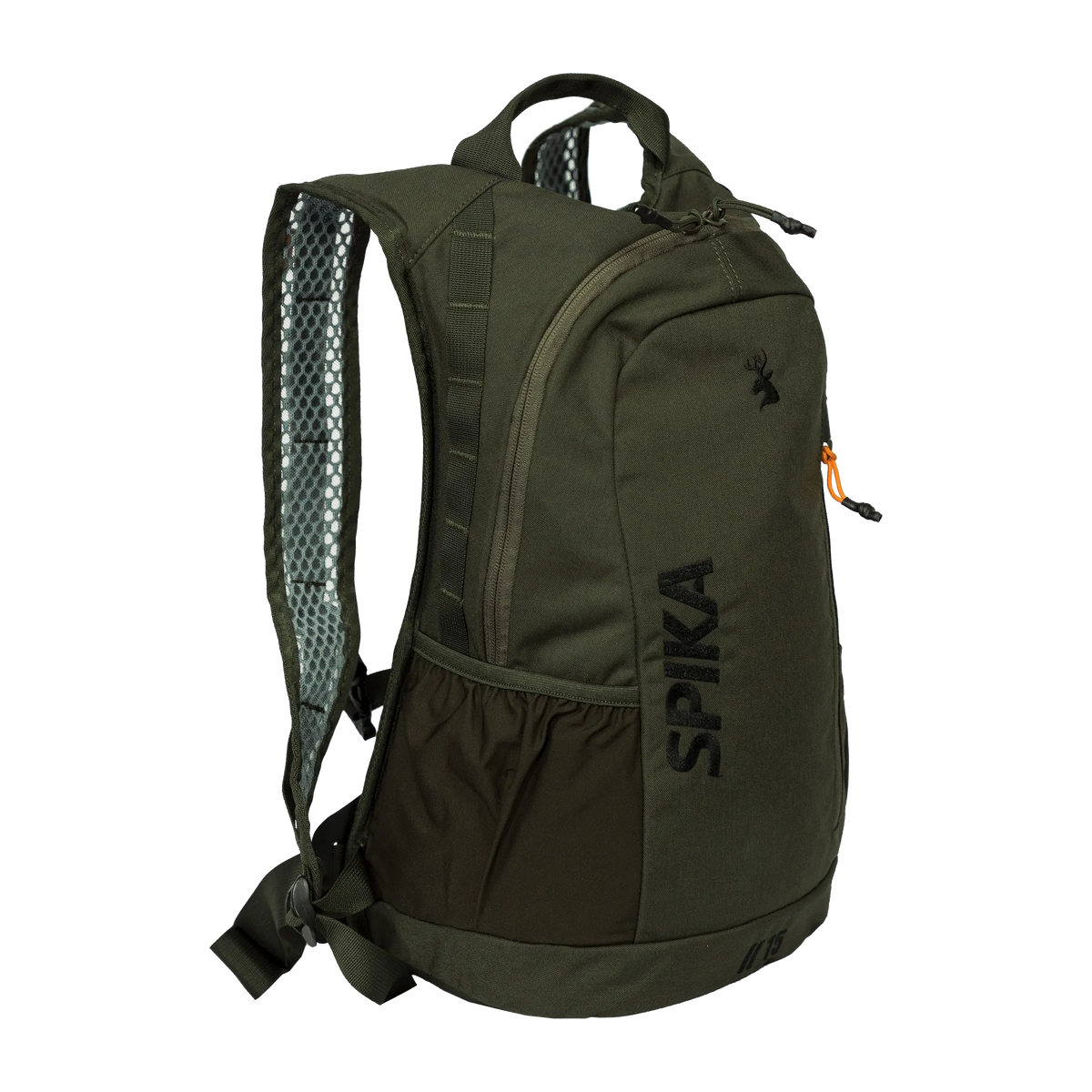 Spika Drover II Hydro Pack 15L in Olive Summit, three-quarter front view with zip pocket and Spika logo