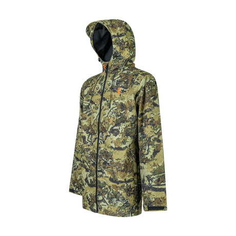 Spika Scout men's hunting jacket in Biarri Camo, three-quarter view with hood up
