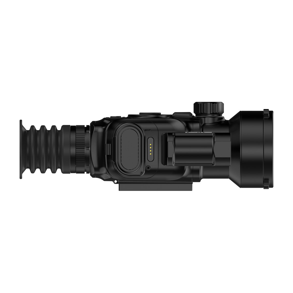 ThermTec Vidar-LRF 650L 2.0 thermal compact scope, side profile of battery pack, eyepiece and objective