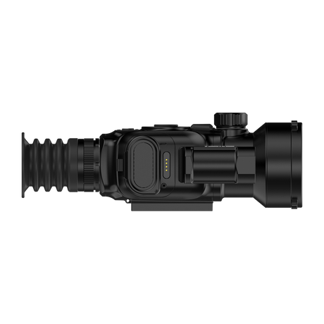 ThermTec Vidar-LRF 650L 2.0 thermal compact scope, side profile of battery pack, eyepiece and objective
